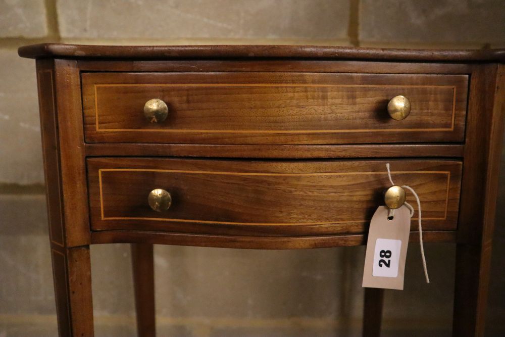 A small 19th century serpentine mahogany side table fitted two drawers, width 42cm depth 33cm height 70cm